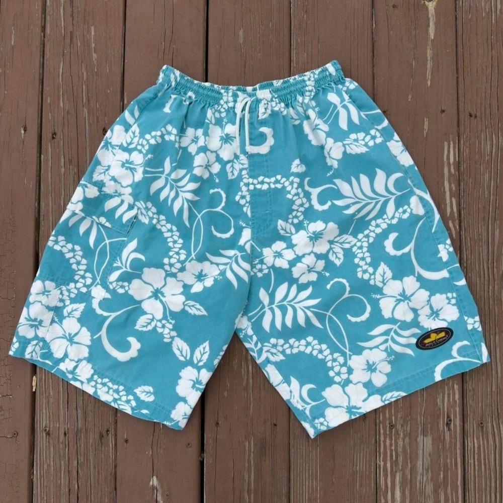 Vintage Aloha & Company Hibiscus Floral Board Shorts Cyan XL